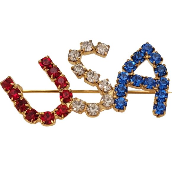 Red Clear Prong Set Rhinestone Patriotic USA Brooch Pin E779 - Picture 2 of 8